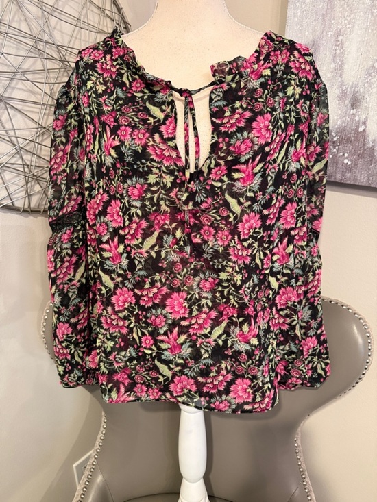 Misa Los Angeles Tops - MISA Floral Tie-Neck Blouse in Pink and Black